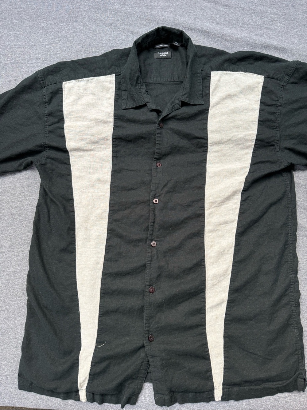 Haggar Washable Linen Retro Bowling Camp Shirt Black Cream Colorblock Mens 2XLT